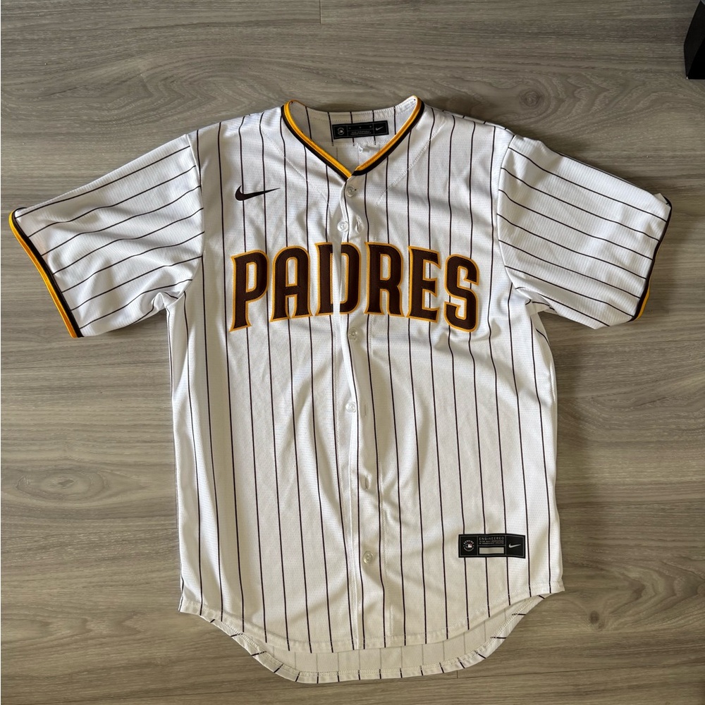 Nike White Padres Pinstripe Baseball Jersey with Brown and Gold Trim
